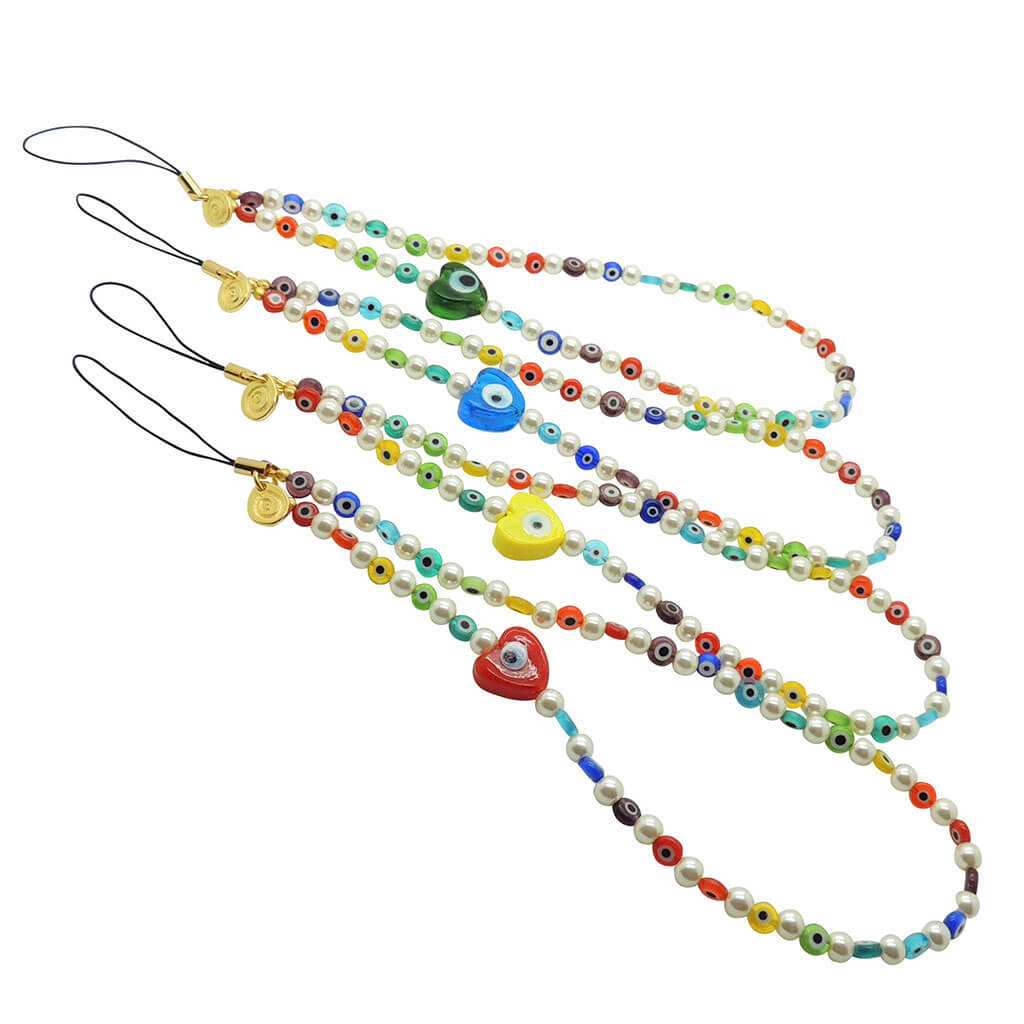 Dana Levy Rainbow Glass Evil Eye Heart Faux Pearl Beaded Phone Wristlet Straps in Red, Yellow, Turquoise and Green.