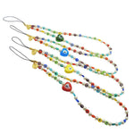 Dana Levy Rainbow Glass Evil Eye Heart Faux Pearl Beaded Phone Wristlet Straps in Red, Yellow, Turquoise and Green.