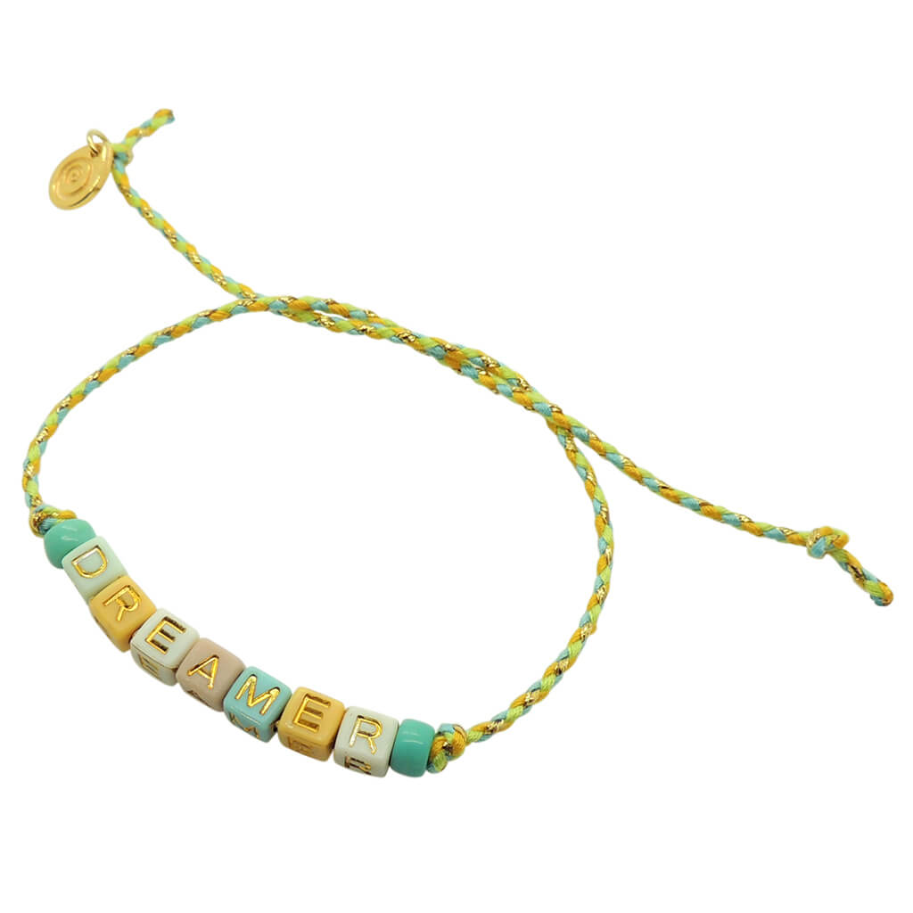 Dana Levy Retro Multicolour Personalised Name Braid Cord Bracelet - Dreamer / Lime Yellow Turquoise