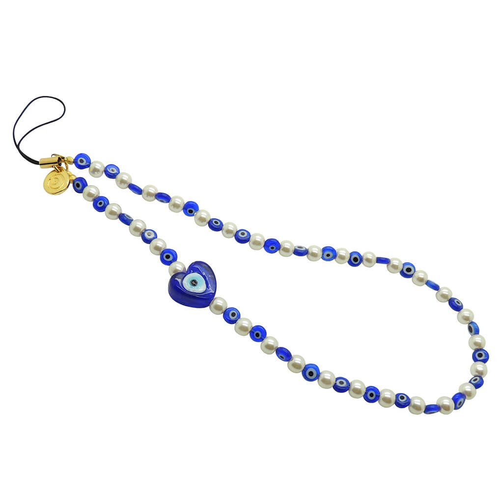 Dana Levy Glass Evil Eye Heart Faux Pearl Beaded Phone Wristlet Strap with a Royal Blue Evil Eye Heart Charm and Evil Eye Beads.