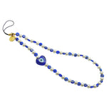 Dana Levy Glass Evil Eye Heart Faux Pearl Beaded Phone Wristlet Strap with a Royal Blue Evil Eye Heart Charm and Evil Eye Beads.