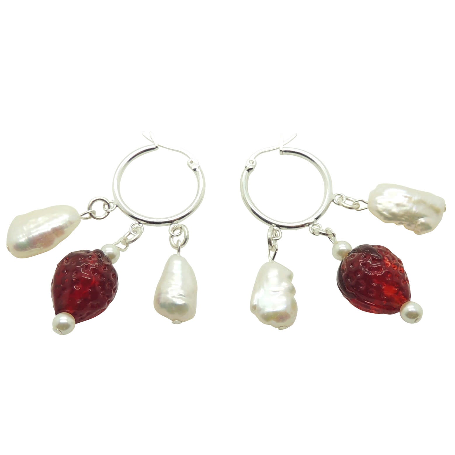 Dana Levy Strawberries and Cream Freshwater Pearl Charm Trio Hoop Earrings - Silver Plate