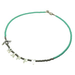 Dana LevyBee Happy Mother of Pearl Charm Glass Rocaille Bead Necklace - Antique Silver Charm Aqua Grey Glass Beads
