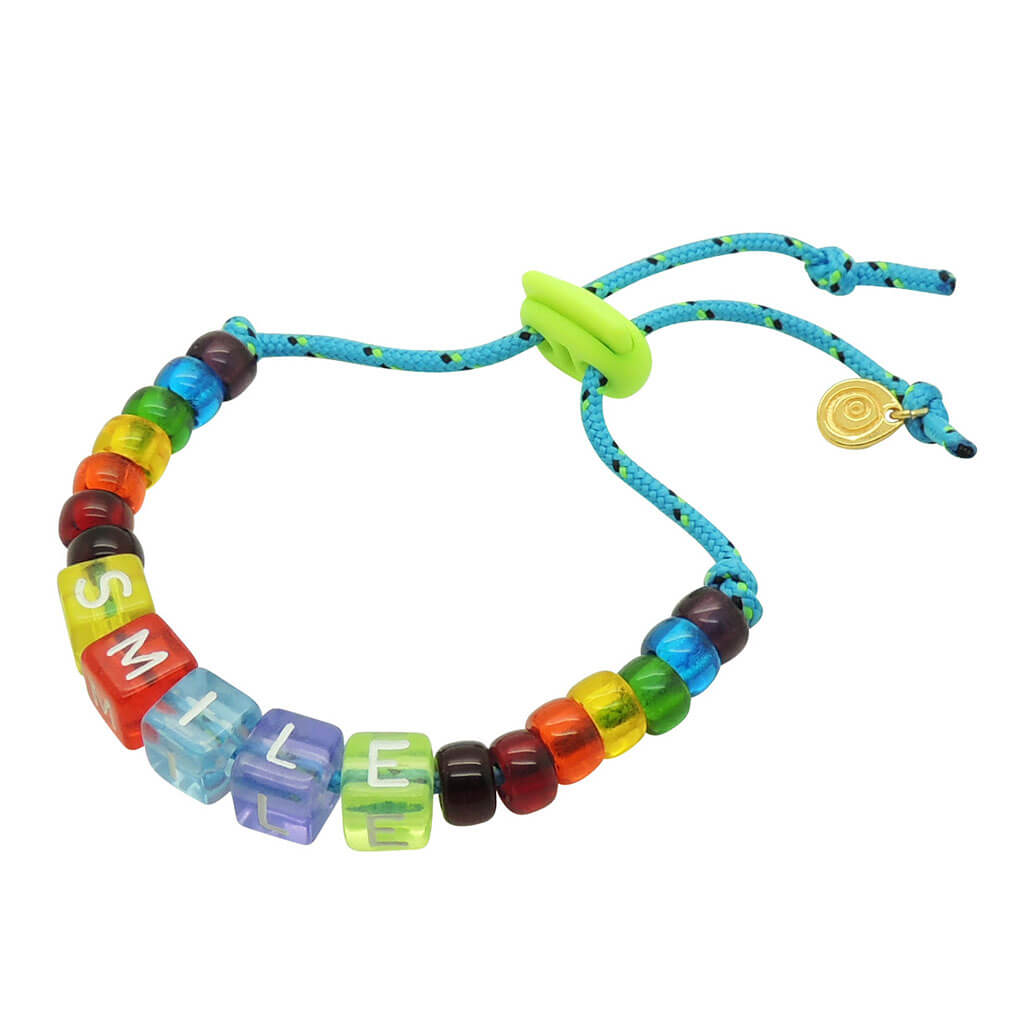 Dana Levy Maxi Personalised Rainbow Cube Candy Bead Cord Bracelet - Smile / Turquoise Cord / Neon Green Toggle
