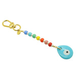 Dana Levy Glass Evil Eye Teardrop Amulet Rainbow Pearl Bag Charm - Gold Plated Keyring with Opaque Turquoise Evil Eye Charm