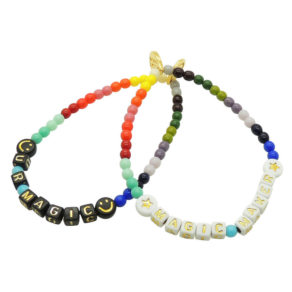 Dana Levy Mini Personalised Name Alphabet Cube Rainbow Glass Bead Bracelet - U R Magic / Black Gold Letters, Magic Maker White/Gold Letters