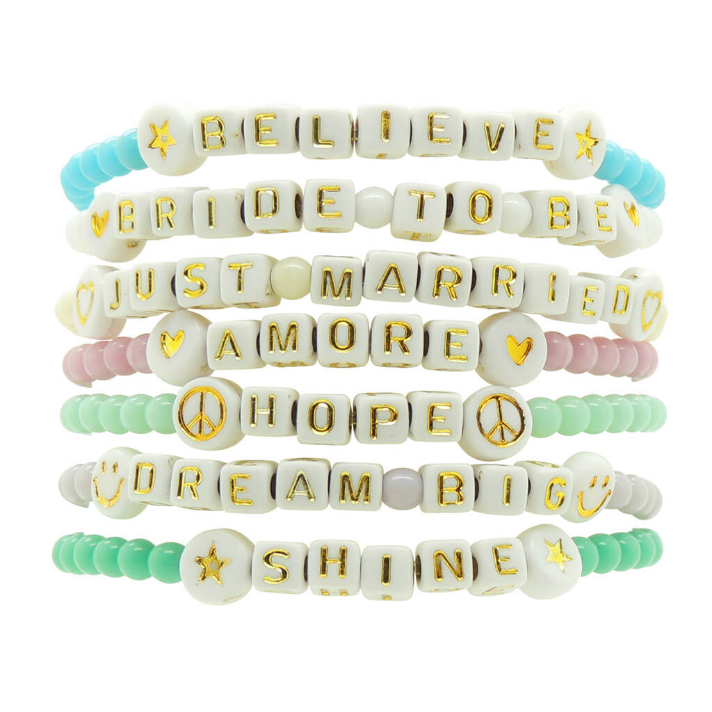 Dana Levy Mini Personalised Name Alphabet Cube Glass Bead Bracelet - Gold Letters on White Group Stack