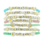 Dana Levy Mini Personalised Name Alphabet Cube Glass Bead Bracelet - Gold Letters on White Group Stack