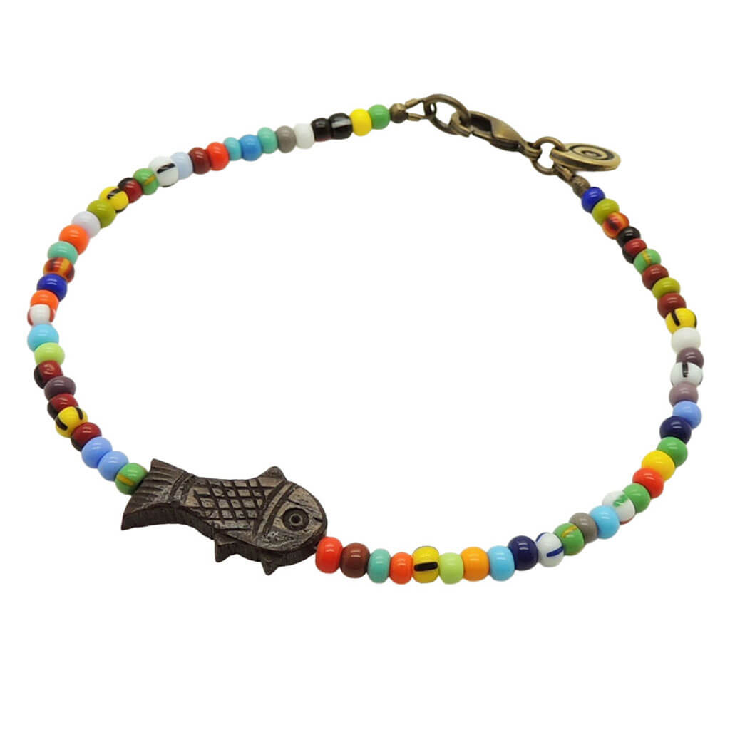 Dana Levy brown bone fish charm balagan glass bead mix anklet with an antique gold plated clasp on a white background. 