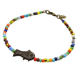 Dana Levy brown bone fish charm balagan glass bead mix anklet with an antique gold plated clasp on a white background. 