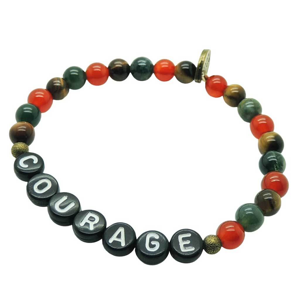 Dana Levy custom bracelet with gemstone beads spelling 'COURAGE' on a white background