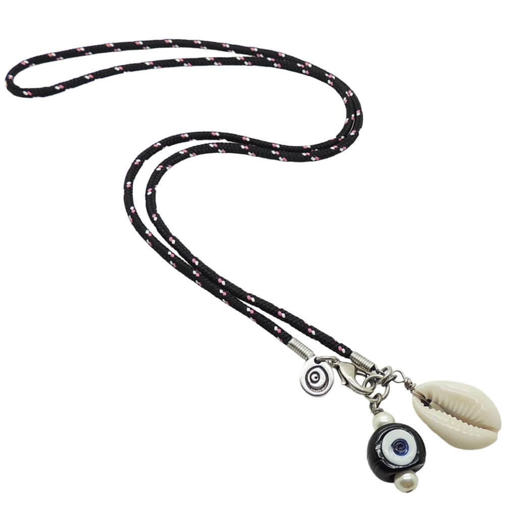 Dana Levy black nautical cord necklace with a black glass evil eye and a cowrie shell charm on a white background.