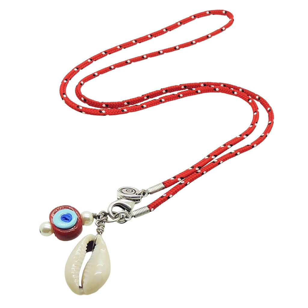 Dana Levy red nautical cord necklace with red and turquoise evil eye and a shell charm on a white background.