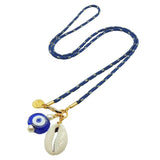 Dana Levy navy blue nautical cord necklace with royal blue evil eye and cowrie shell charm on a white background.