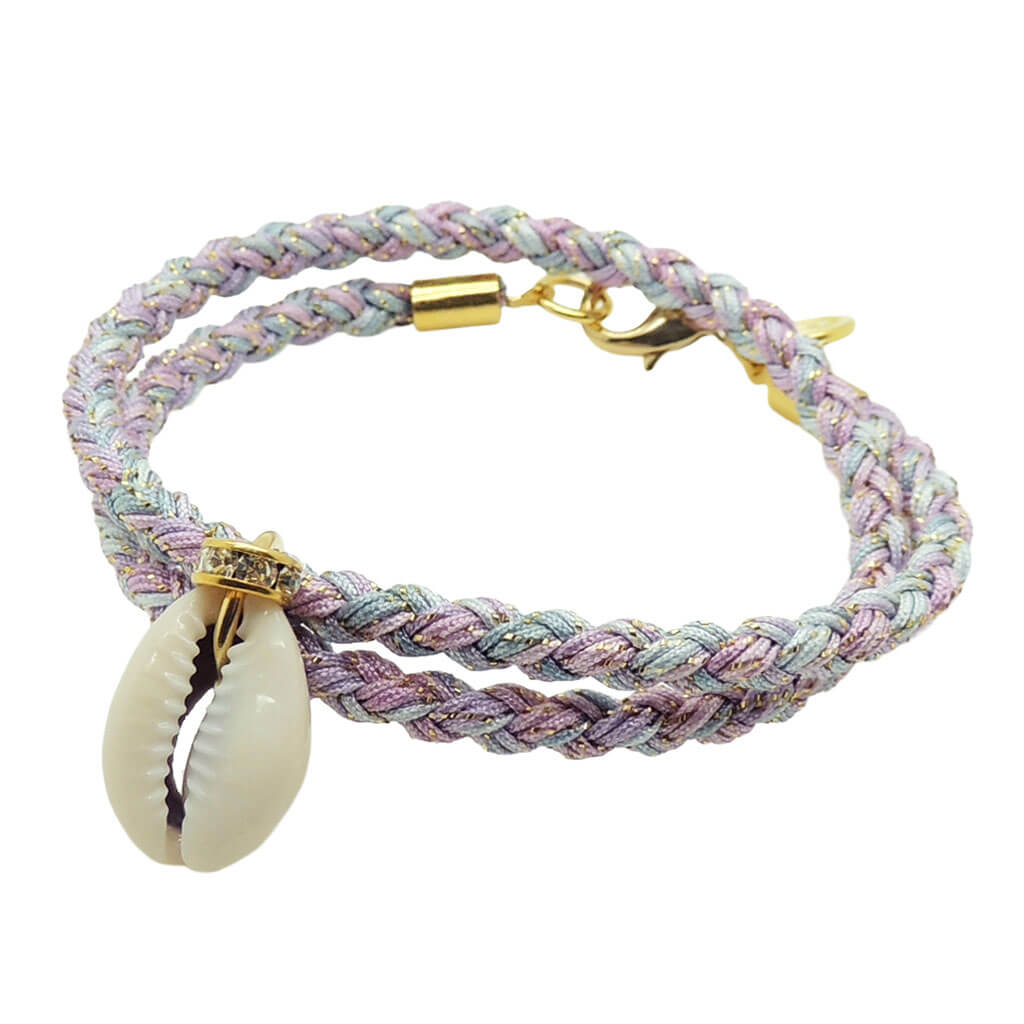 Dana Levy diamante cowrie shell charm braid cord bracelet in lilac mix colour on a white background. 