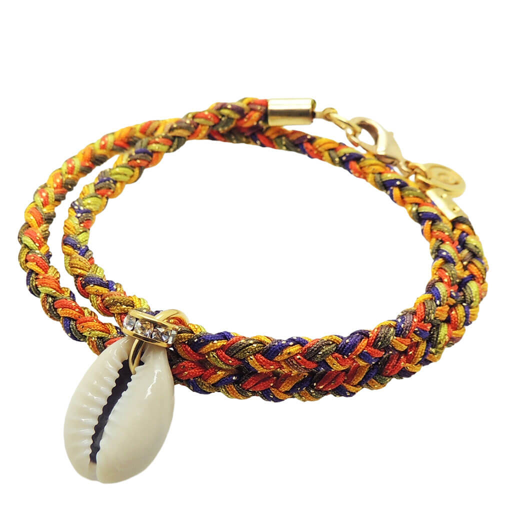 Dana Levy diamante cowrie shell charm braid cord bracelet in sunset orange purple colour mix on a white background. 