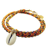 Dana Levy diamante cowrie shell charm braid cord bracelet in sunset orange purple colour mix on a white background. 
