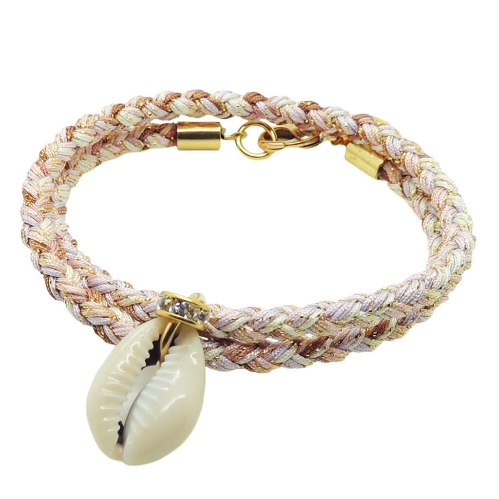 Dana Levy diamante cowrie shell charm braid cord bracelet in a sandy colour mix on a white background. 