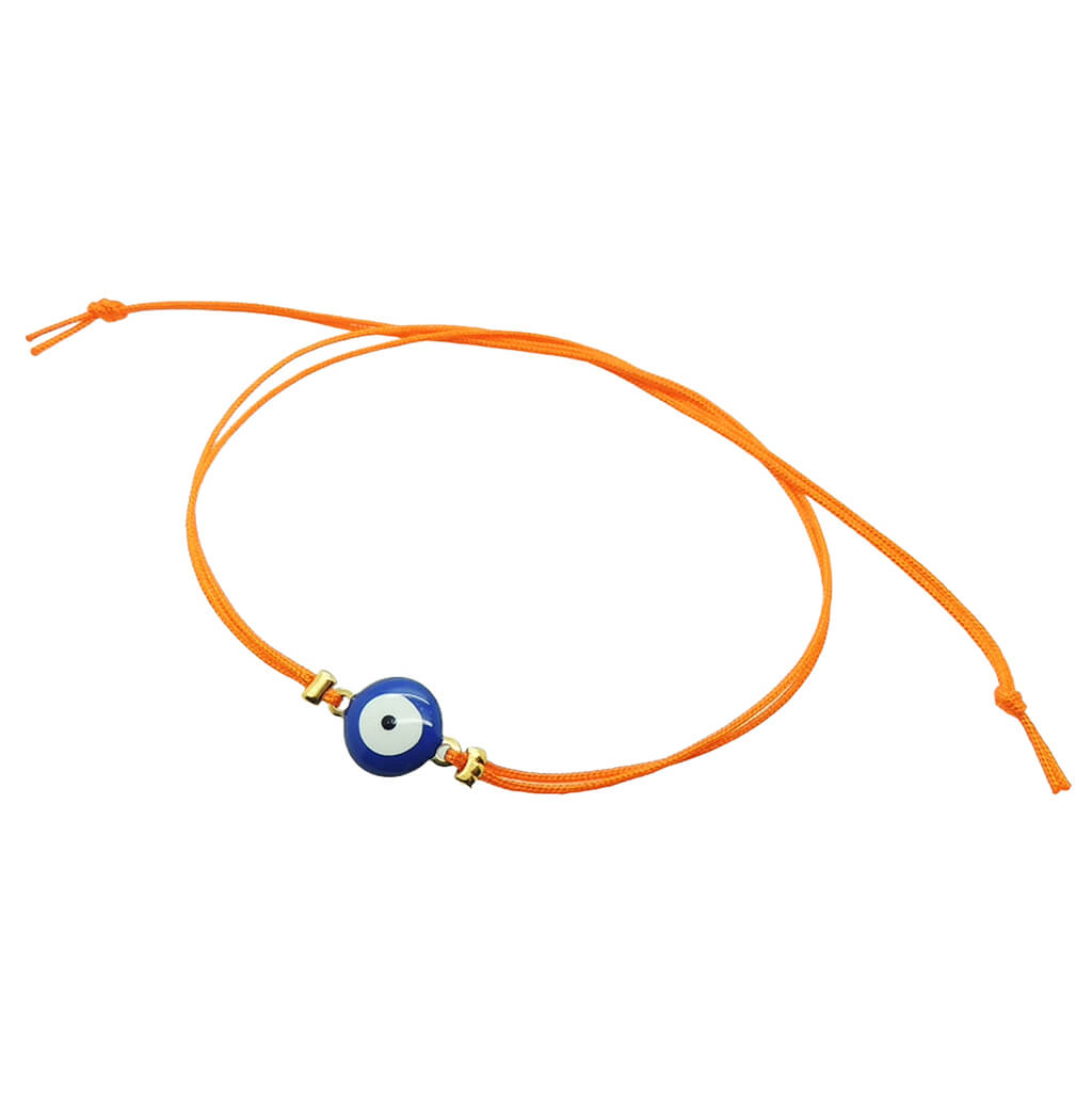 Dana Levy orange cord string bracelet with a navy blue evil eye charm on a white background
