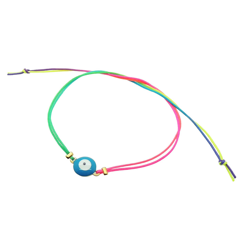 Dana Levy teal enamel evil eye amulet neon rainbow cord bracelet on a white background.