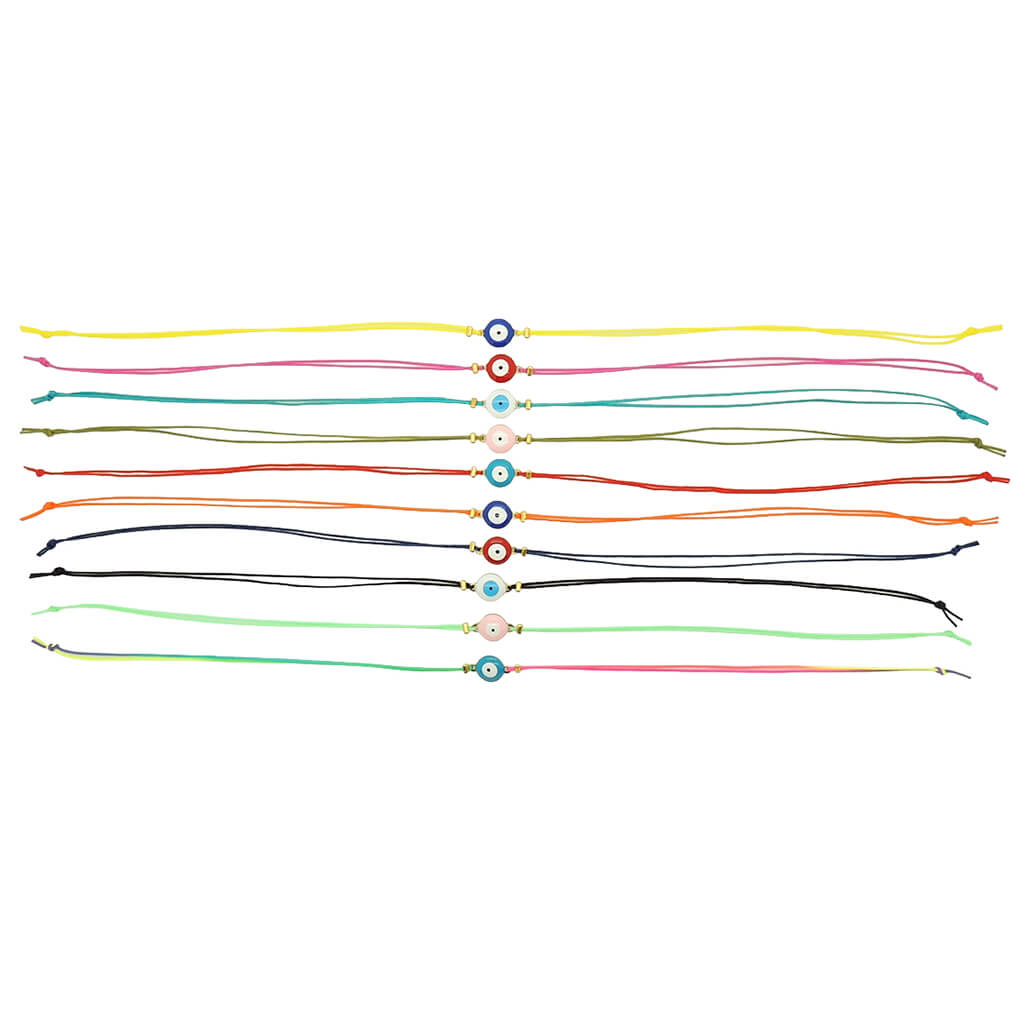 Dana Levy set of colourful enamel evil eye amulet cord string bracelets against a white background.