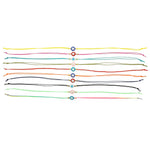 Dana Levy set of colourful enamel evil eye amulet cord string bracelets against a white background.