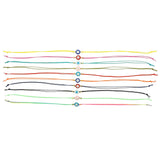 Dana Levy set of colourful enamel evil eye amulet cord string bracelets against a white background.