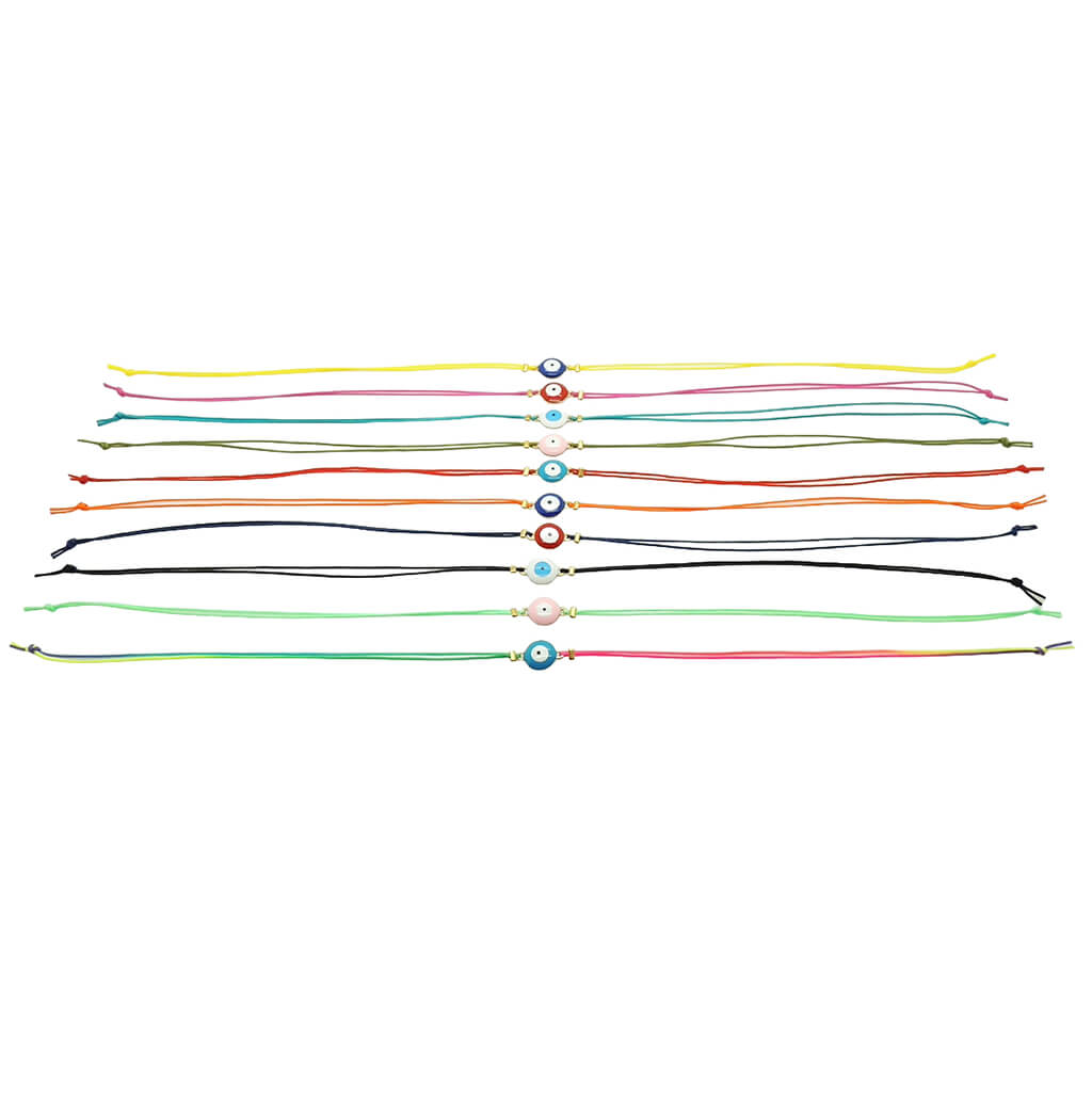Dana Levy set of colourful cord string bracelets with evil eye amulet charms on a white background