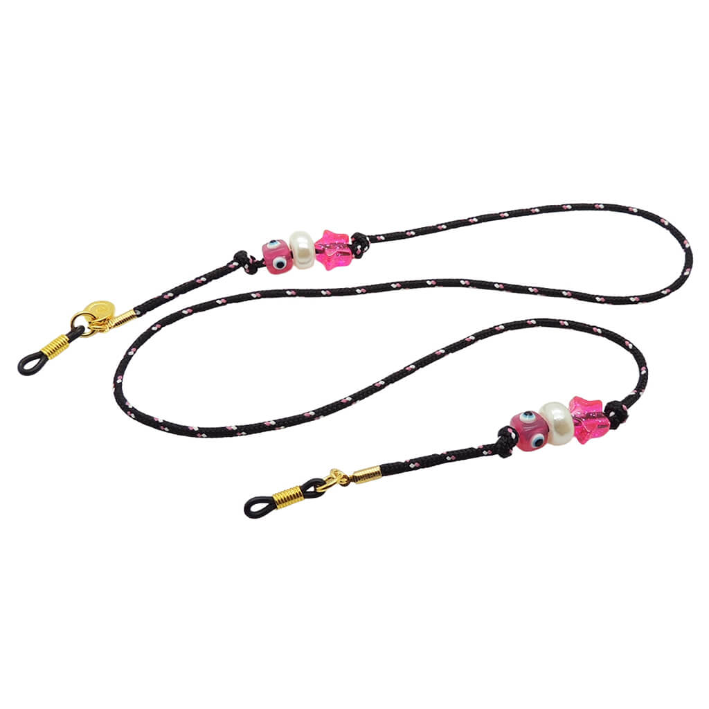 Dana Levy black glasses cord with colourful charms and silicone clasps on a white background