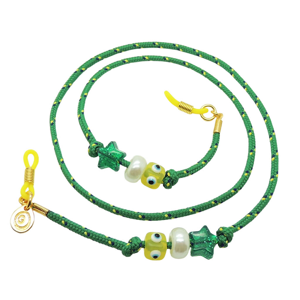 Dana Levy green sunglasses cord with colourful lucky charms and yellow toggles on a white background