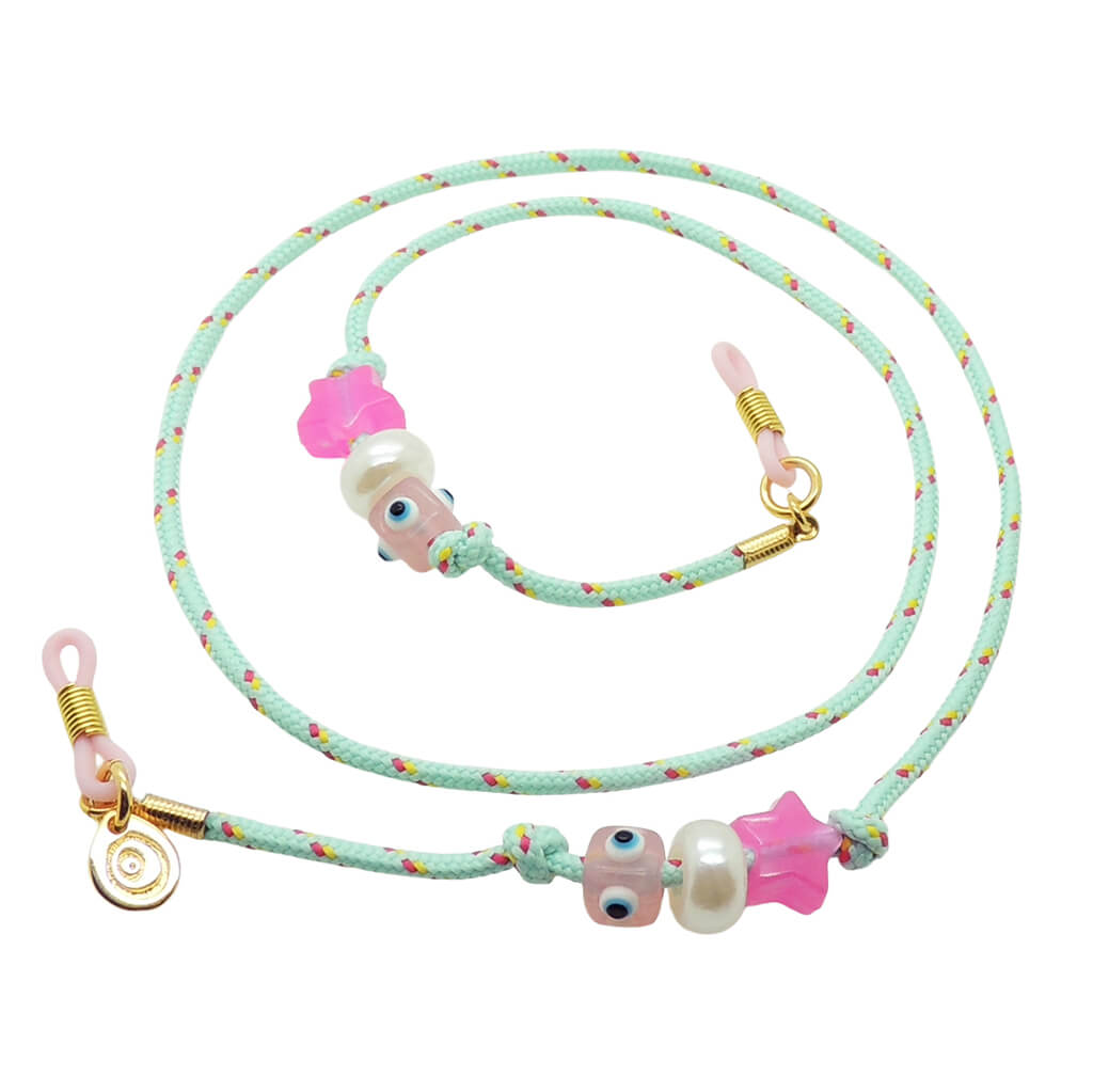 Dana Levy mint nautical cord sunglasses holder with small colourful charm beads and gold clasp on a white background