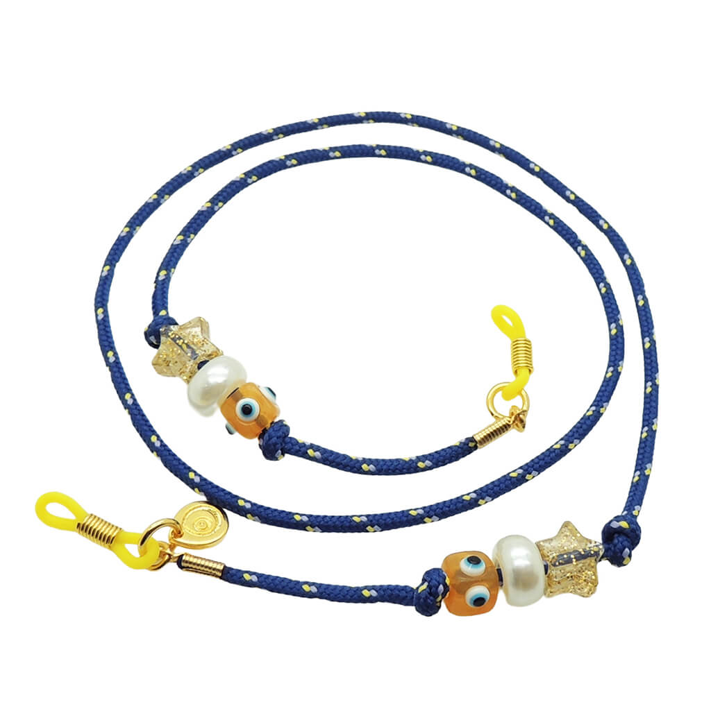 Dana Levy Navy blue eyeglass cord with decorative lucky charm beads on a white background