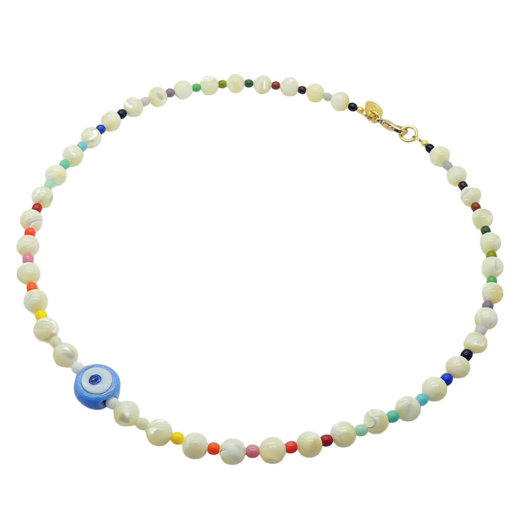 Dana Levy cornflower blue evil eye amulet necklace with multicoloured rainbow and mother of pearl gemstone beads on a white background.