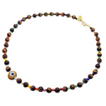 Dana Levy brown evil eye amulet necklace with multicoloured rainbow and tiger eye gemstone beads on a white background.