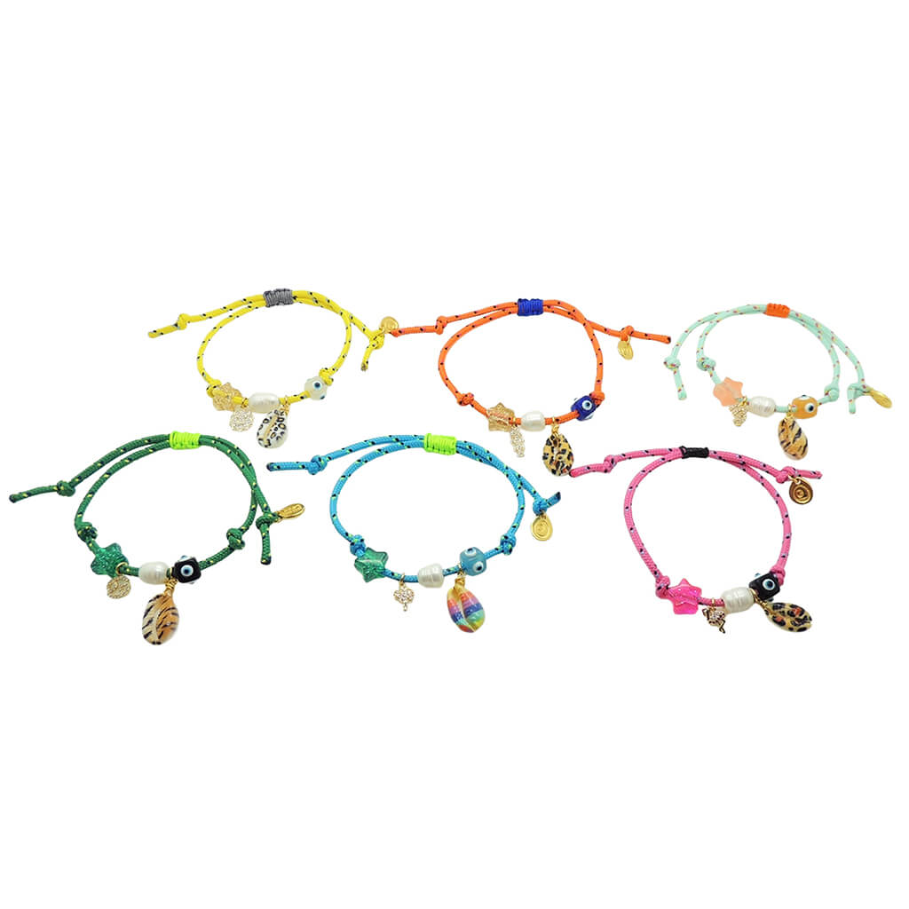 Dana Levy set of colourful nautical cord bracelets with various lucky charms on a white background.