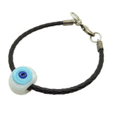 Dana Levy black braided leather bracelet with a silver plated lobster clasp and a white chunky glass evil eye charm featuring light blue and dark blue details, shown on a plain white background.