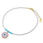 a Dana Levy glass bead choker with baby pink, white and turquoise glass rocaille beads with a pastel pink glass evil eye disc pendant on a white background. 
