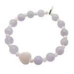 Dana Levy heart charm gemstone bracelet with lavender amethyst and mother of pearl beads on a white background.