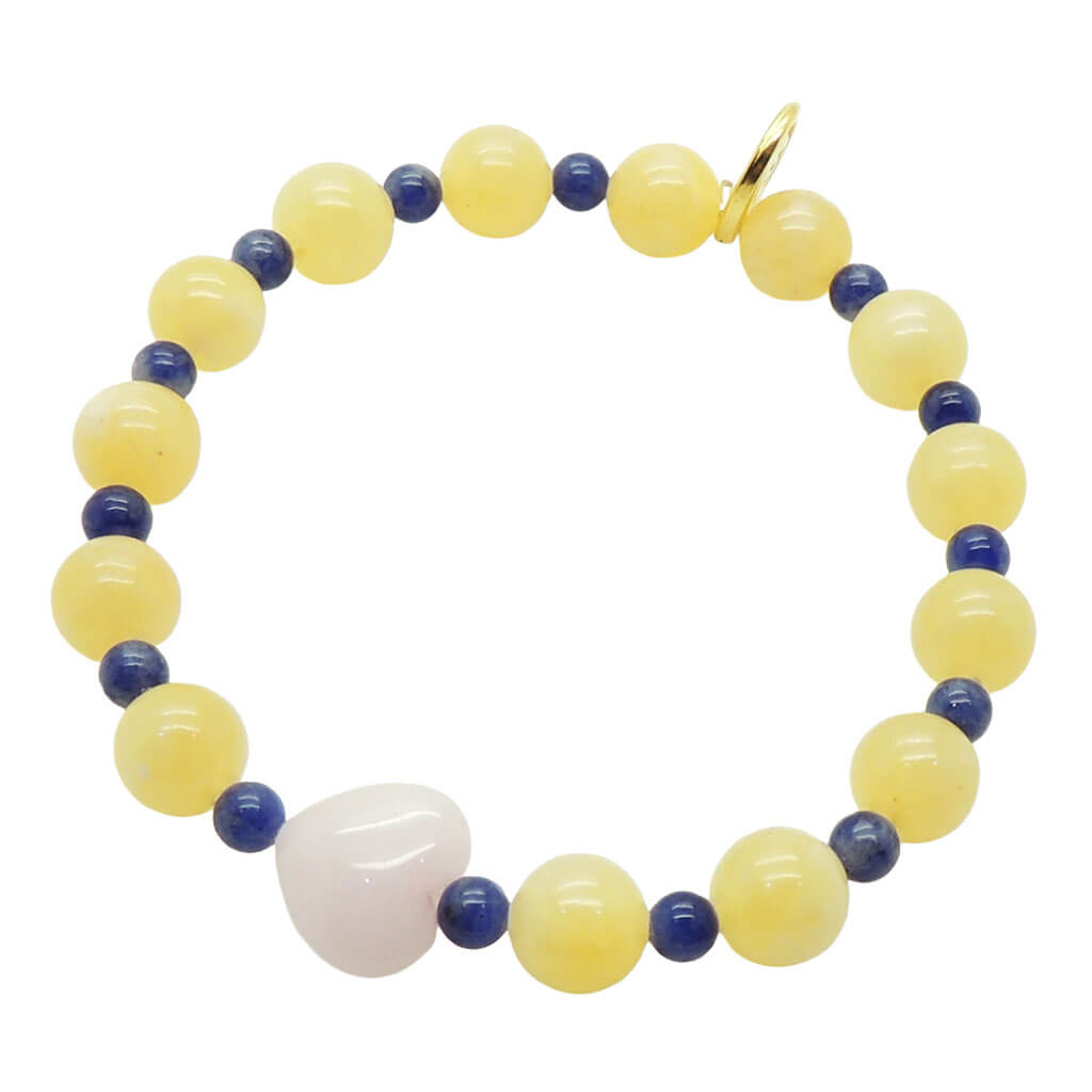 Dana Levy jade heart charm gemstone bracelet with aragonite and lapis lazuli beads on a white background.