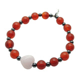 Dana Levy bracelet with red carnelian and hematite gemstone beads and a pink heart-shaped charm on a white background.