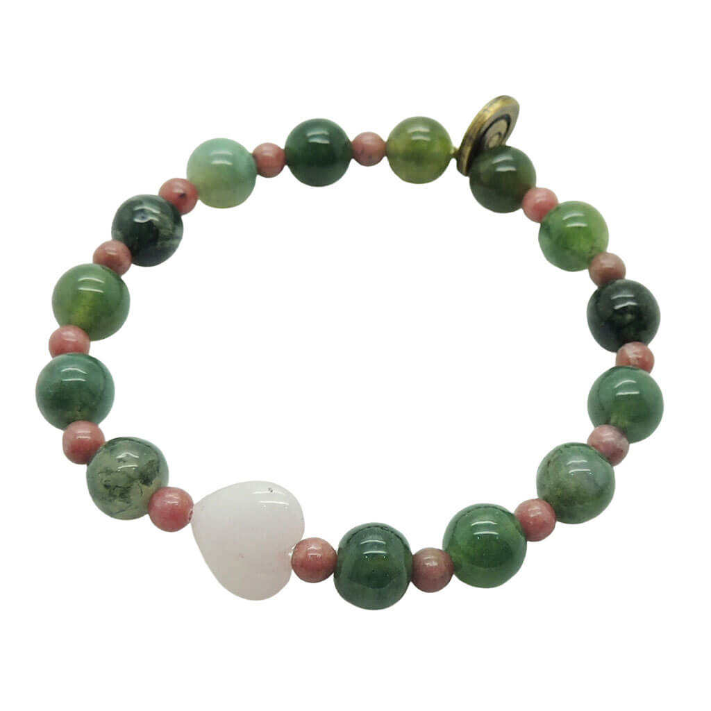 Dana Levy jade heart charm gemstone beaded bracelet with moss agate and pink rhodonite beads on a white background.