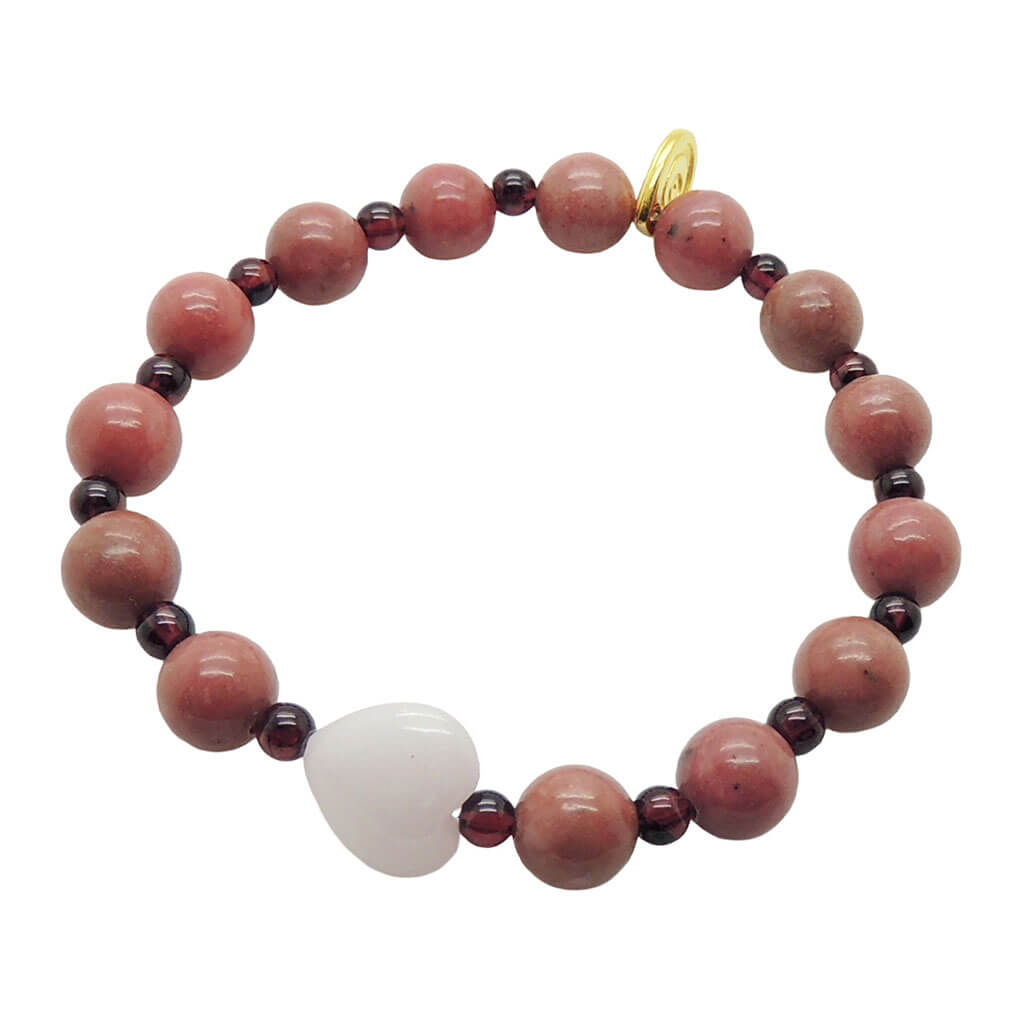 Dana Levy jade heart  charm gemstone bracelet with pink rhodonite and red garnet beads on a white background. 