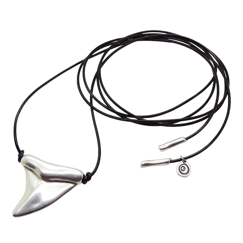 Dana Levy large silver plated shark tooth amulet charm black leather cord lariat necklace with silver cord ends on a white background. 