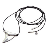 Dana Levy large silver plated shark tooth amulet charm black leather cord lariat necklace with silver cord ends on a white background. 