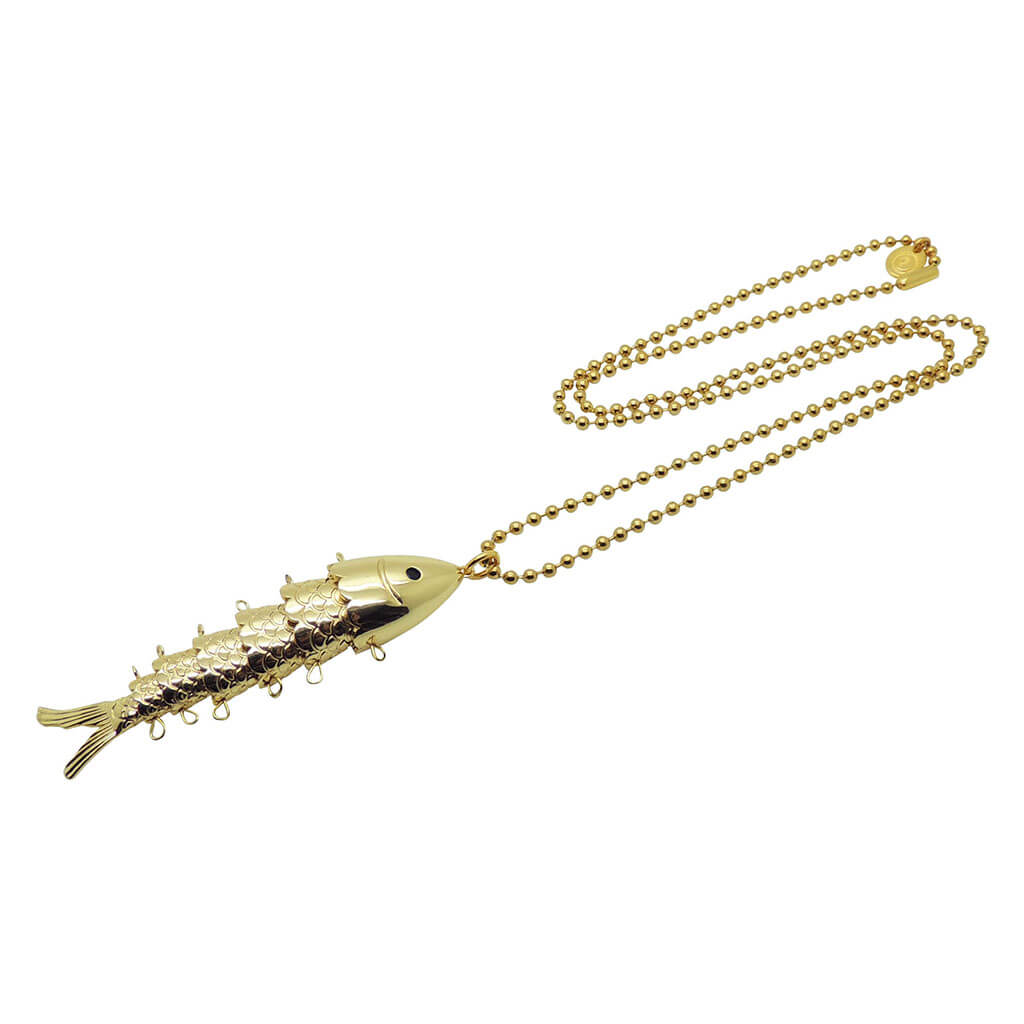 Dana Levy gold plated lucky maxi fish pendant ball chain necklace on white background.