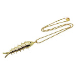 Dana Levy gold plated lucky maxi fish pendant ball chain necklace on white background.