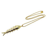 Dana Levy gold plated lucky maxi fish pendant ball chain necklace on white background.