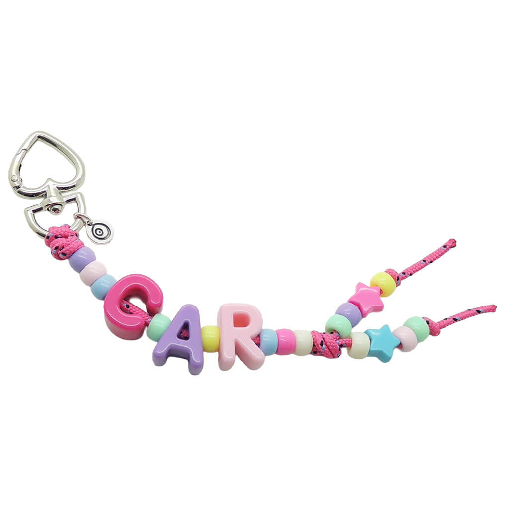 A Dana Levy maxi alphabet personalised name bag charm with CAR in large acrylic letters in pastel colours and charm beads on a white background. 