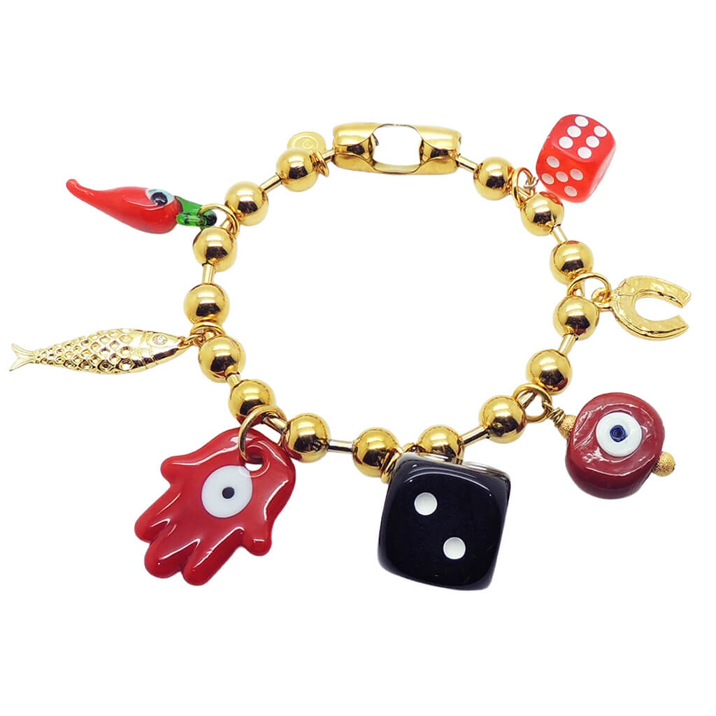 Dana Levy maxi lucky charms ball chain bag charm with gold chain and red lucky charms on a white background. 