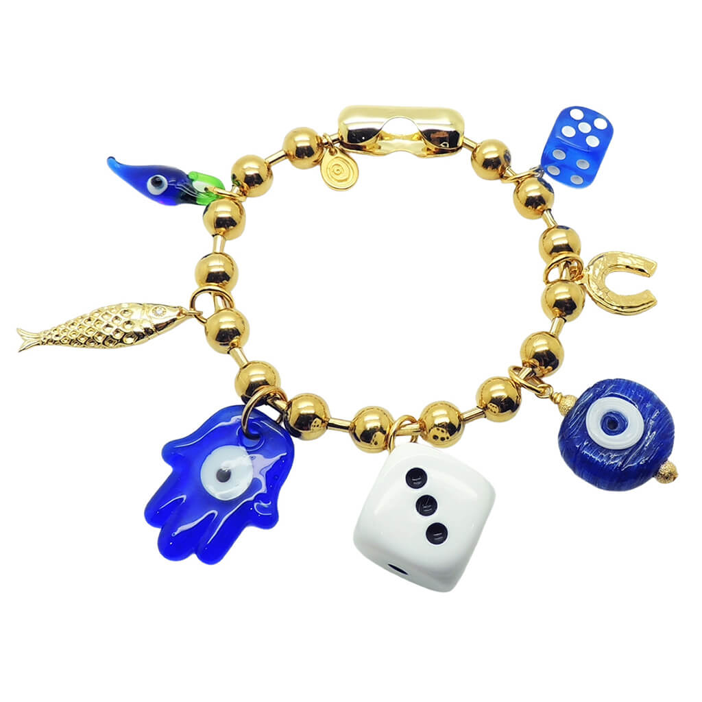 Dana Levy maxi lucky charms ball chain bag charm with gold chain and royal blue lucky charms on a white background. 